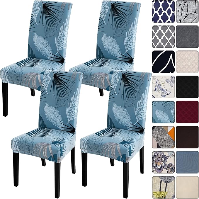 SearchI Summer Pattern Dining Room Chair Covers Set of 4, Stretch Printed Parsons Chair Slipcovers Spandex Removable Washable Kitchen Chair Protector Cover for Dining Room, Hotel, Ceremony (Blue)