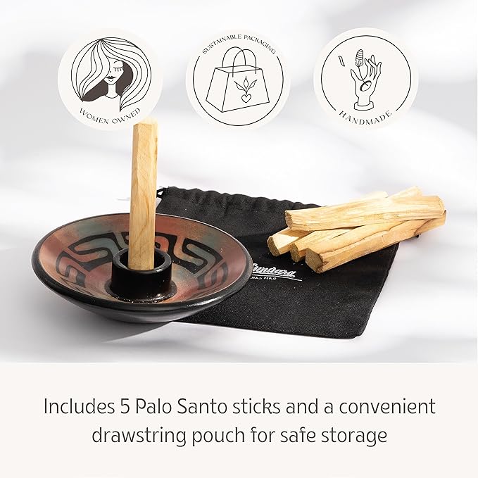 Luna Sundara Authentic Peru Pottery Palo Santo Stick Holder and Incense Holder with 5 Palo Santo Sticks Handmade Ceramic Smudge Bowl Sage Holder Peach Gift Set
