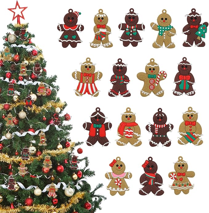 16 Pcs Gingerbread Man Ornaments for Christmas Tree, Soft Silicone Christmas Decorations, 3 Inch Adorable Gingerbread Figurines for Xmas Tree Hanging Decor, Gift Tags & Party Favors (16 Designs)