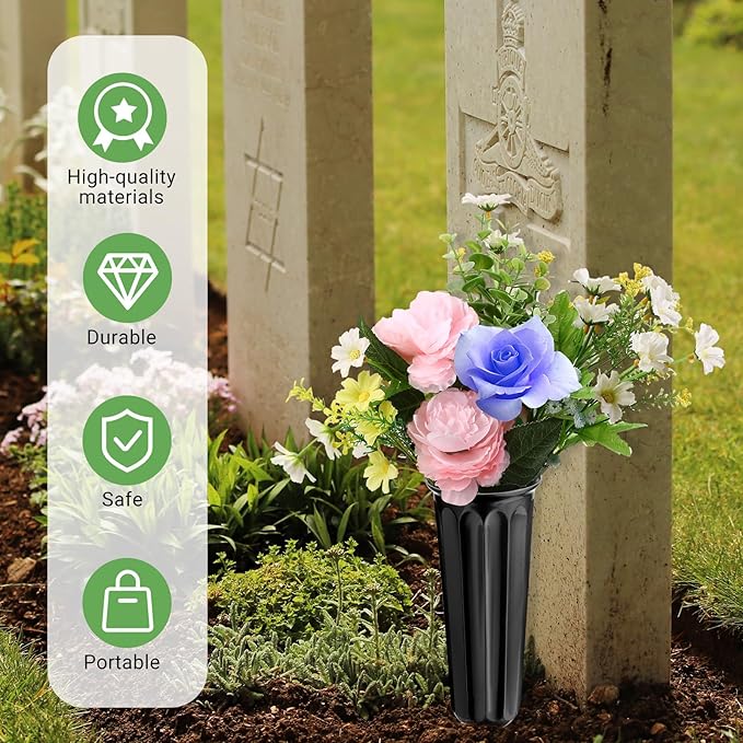 20 Pack Cemetery Vases with Spikes,Plastic Vases for Flowers,Grave Decorations for Cemetery,Grave Flower Holder,Memorial Floral Vase(Black)