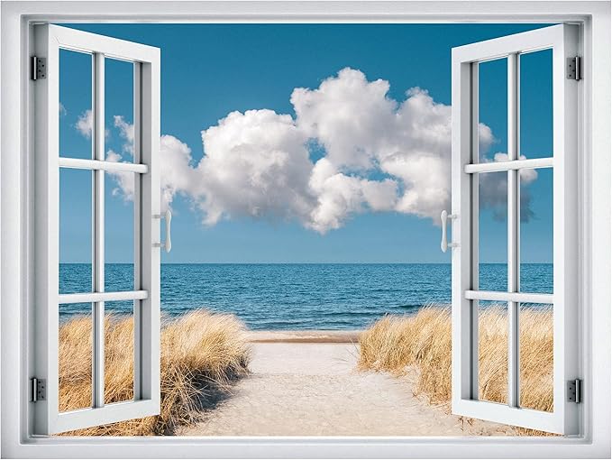 SIGNWIN Removable Wall Sticker/Wall Mural Window View Clouds Beachgrass Ocean Shore Nature Wilderness Photography Decorative Landscape Digital Art for Living Room, Bedroom, Office - 24"x32"