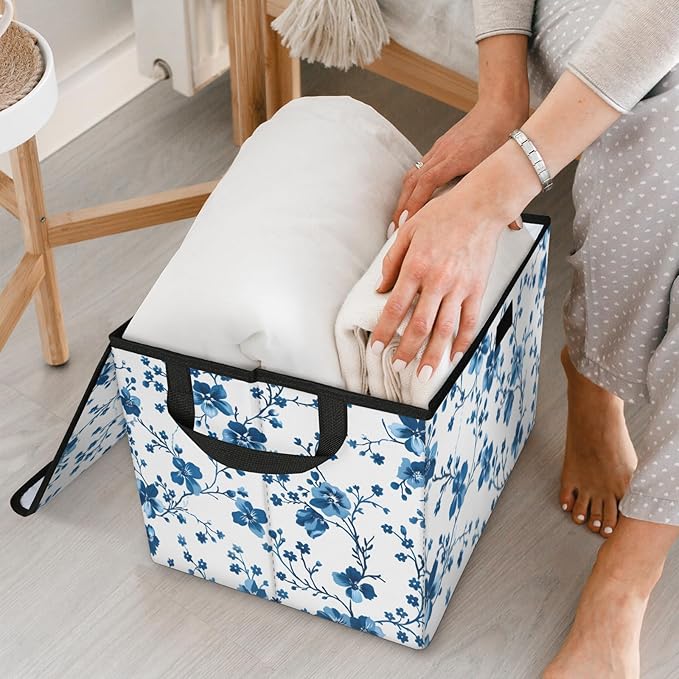Closet Storage Bins with Lids, Blue Plum Flowers Storage Baskets for Organizing, Large Cube Box Closet Organizers with Handles, Home Office Decorative Wardrobe Boxes for Organization (27 Quart)