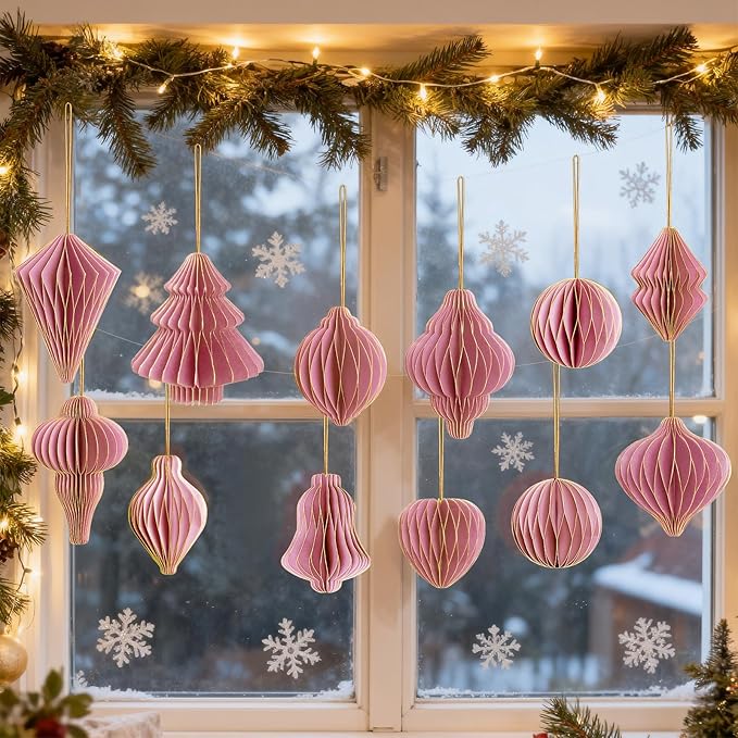12Pcs Pink Paper Christmas Party Decorations, 3D Honeycomb Paper Hanging Ornaments with Glitter, Finial Honeycomb Lantern Lovely Ornaments for Christmas Trees Winter Wonderland Party