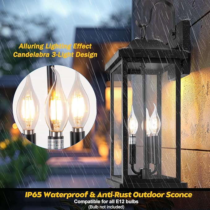 23” Extra Large 3-Light Outdoor Light Fixture 1-Pack, IP65 Waterproof Exterior Light Fixture with Clear Tempered Glass Modern Outside Wall Mount Lamp Matte Black Front Porch Lantern, E12