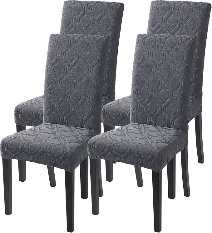 SearchI Dining Room Chair Covers Set of 4, Stretch Jacquard Parsons Chair Slipcovers Spandex Removable Washable Kitchen Chair Protector Cover for Dining Room, Hotel, Ceremony (Grey)