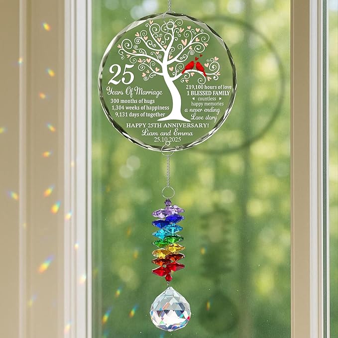 Personalized 25th Anniversary Crystal Ornament – Silver Wedding Gift for Couple, Parents – Custom Names, Date & Milestone Tree with Red Cardinals – 2025 Keepsake Ornament for Husband & Wife
