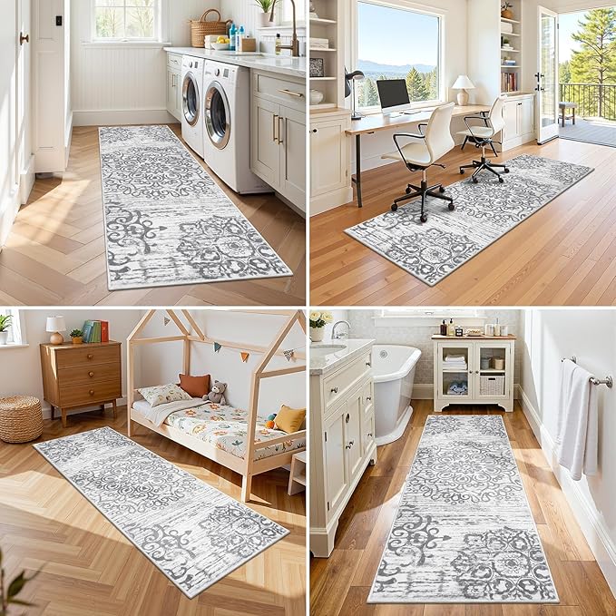 HEBE Hallway Runner Rug 2'x6' Washable Vintage Distressed Area Rugs Non Slip Laundry Rug Runner Boho Floor Carpet Runners for Hallways Entryway Laundry Room Kitchen Bathroom