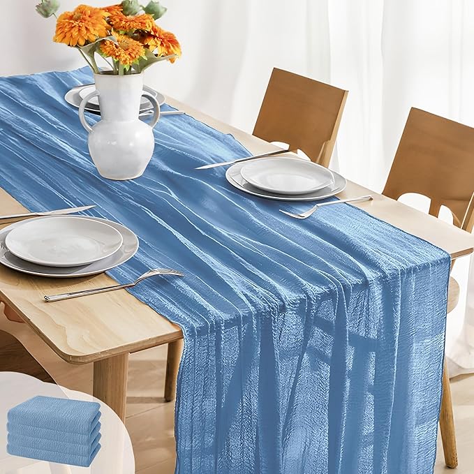 JOYIT 4 Pack Blue Cheesecloth Table Runner 35" x 120" – Boho Table Runner Set for Wedding, Birthday, and Party Decor, Romantic Gauze Table Runner for Rustic and Elegant Tablescapes (Light Blue)