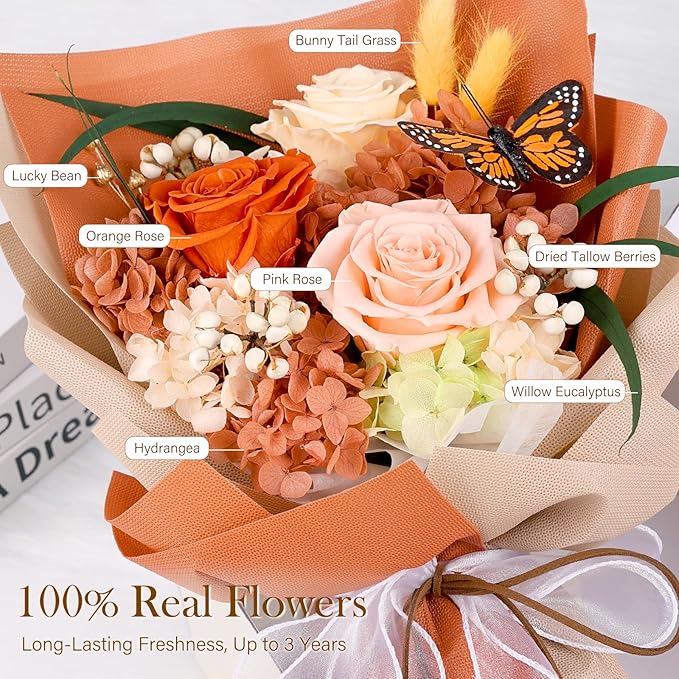 Preserved Flowers Bouquet with Butterfly - 3 Roses & Flowers for Delivery, Long-Lasting Real Roses Forever, Eternal Roses Bouquet for Mothers, Mom, Wife Anniversary Birthday Gifts for Women