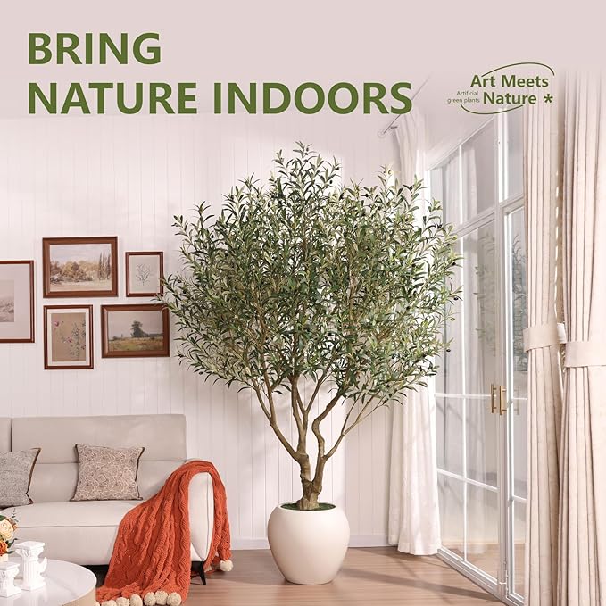 Artificial Olive Tree 8FT Faux Plant Home Decor - Large White Pot with Lifelike Silk Leaves, UV Resistant & No Maintenance - Indoor Outdoor Fake Tree for Modern Office Living Room,VN206