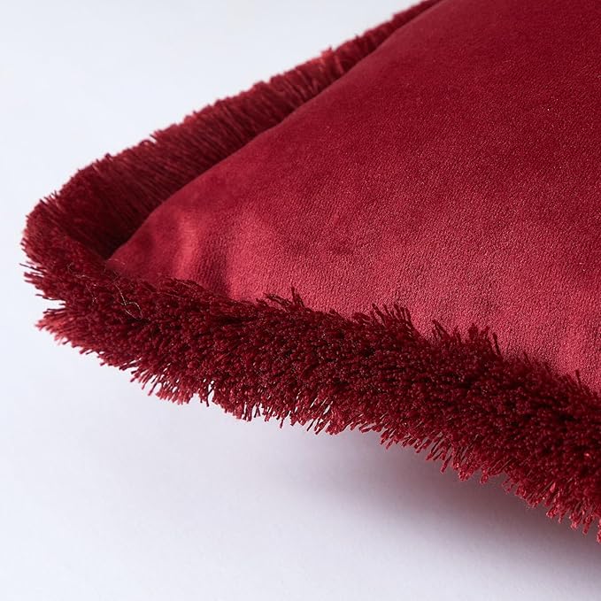 JUSPURBET Red Decorative Velvet Fringe Throw Pillow Covers 16x24 Set of 2 Boho Soft Cushion Case for Home Decor Living Room Couch Sofa Bed