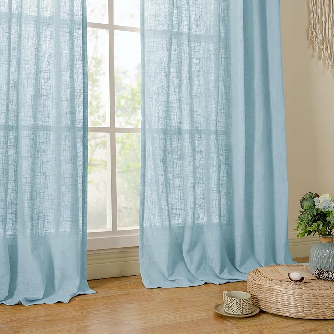 LAMIT Linen Curtains 95 Inches Long for Living Room, Back Tab and Rod Pocket Semi Sheer Panels Light Filtering Farmhouse Drapes for Bedroom/Dining Room, Stone Blue, Set of 2, 52 x 95 Inch
