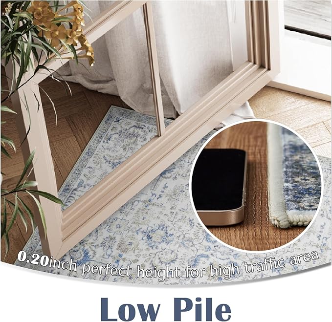 jinchan Kalen Runner Rug 3x10 Washable Area Rug Soft Vintage Indoor Floor Cover Thin Retro Distressed Blue Multi Carpet Floral Print Country Non Slip for Bathroom Kitchen Bedroom Living Room