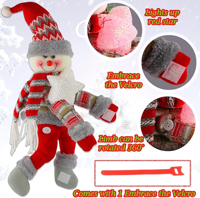 Christmas Plush Snowman Tree Topper with Lighted Red Star - Multifunctional Xmas Treetop Ornament, Home Curtain Tie & Hugger Wine Bottle Party Decoration