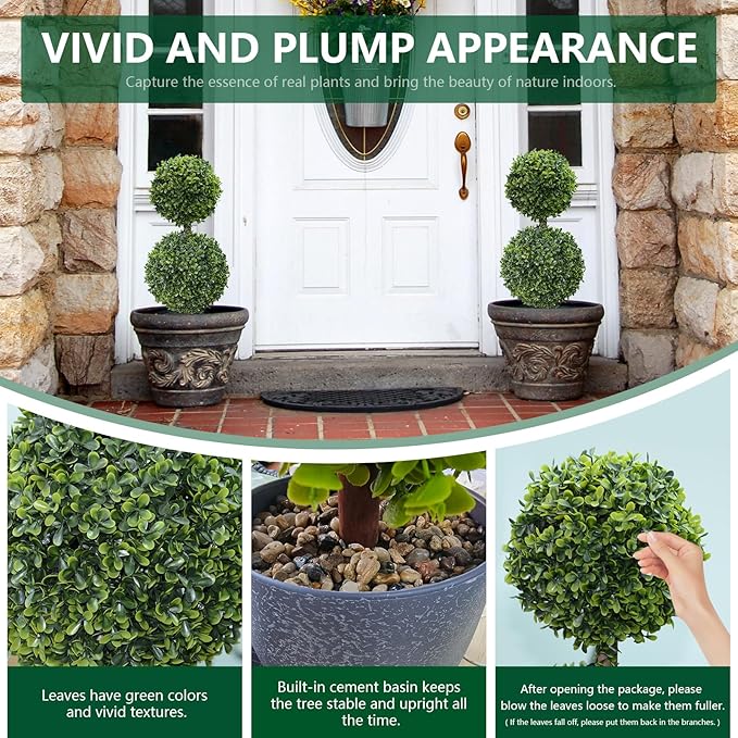 Faux Boxwood Topiary Plants Outdoor 2 Pack 23.6 Inch - Artificial Ball Trees Fake Bush 2 ft Round Shaped Indoor for Backyard, Balcony,Garden, Wedding and Home Décor (24 inches, Boxwood 2 Ball)