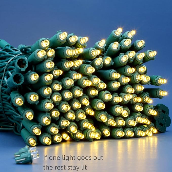 Warm White Wide Angle Christmas Lights, Pack of 2 Sets 25 Ft 100 LED Green Wire 5mm UL Certified Commercial Grade Holiday String Light