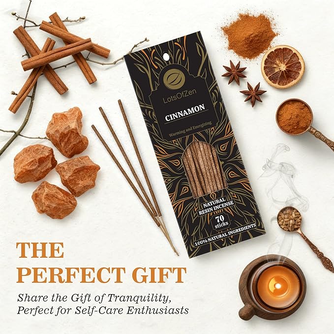 Cinnamon Incense Sticks, 70 Pack – Hand-Rolled, 8-Inch, Long-Burning – Natural Warm Sweet Aroma for Meditation, Yoga, Relaxation, Spiritual Practices