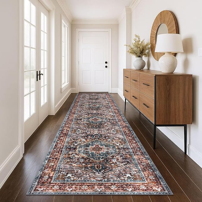 KOZYFLY Area Rug 3x12 Ft Washable Boho Runner Rug for Entryway Hallway Indoor Printed Faux Wool Carpet for Bedroom Kitchen Hall, Brick Red/Orange/Green