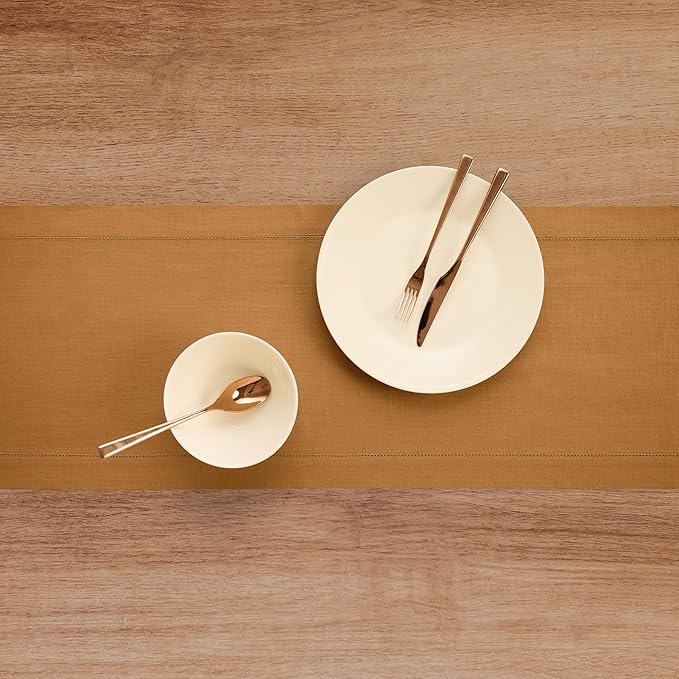 Solino Home Linen Table Runner 60 Inches - 100% Pure Linen Brown Sugar Hemstitch Table Runner 14 x 60 Inch Ideal for Dresser and Coffee Tables - Classic Hemstitch