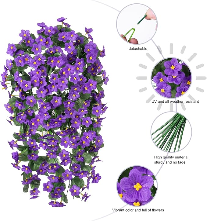HyeFlora Artificial Faux Hanging Plants Flowers Vines for Outdoor Outside Winter Decoration, 2PCS Fake Silk Purple Daisy Mums UV Resistant Look Real Orchid Vine for Front Door Porch Planter Balcony