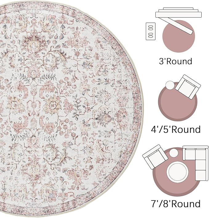 jinchan Kalen Round Rug 5ft Area Rug Washable Vintage Indoor Retro Accent Entryway Floor Cover Distressed Floral 5' Round Circle Boho Non Slip Thin Carpet for Bedroom Living Room Dining Room Red