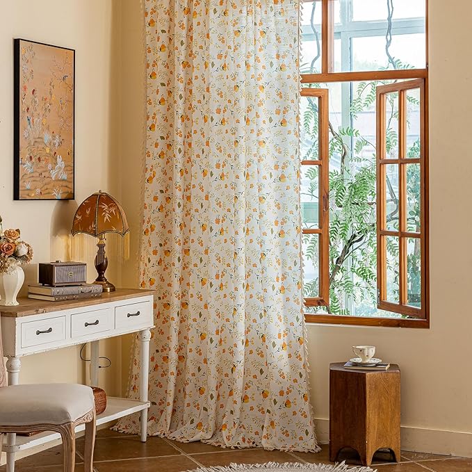 OYX Yellow Boho Pattern Floral Curtains 84 Inch Length 2 Panels for Living Room, Bedroom Light Filtering Drapes, Vintage Country French Tassels Patterned Rod Pocket Aesthetic Decor Window Treatments