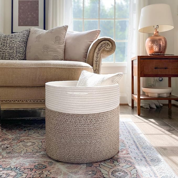 Goodpick 15.8 x 15.8 x 13.8 Inches Blanket Basket - Cotton Rope Baskets for Blankets & Toys, Nursery & Living Room Decor (Soft Material Design)