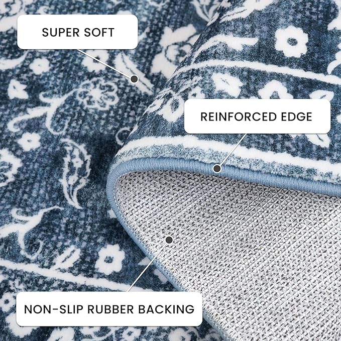 Vintage Washable Runner Rug 2x6, Navy Runners for hallways, Super Soft Kitchen Runner Rug Non Slip, Printed Faux Wool Floral Thin Carpet Runner for Entryway Laundry Room Bedroom