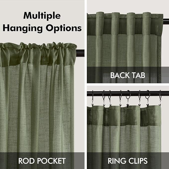Extra Long Olive Green Linen Curtain 120 Inch long Back Tab Light Filtering Semi Sheer Modern Farmhouse Cotton Textured Ceiling to Floor Window Panels for Living Dining Room Bedroom Decor 2 Panels