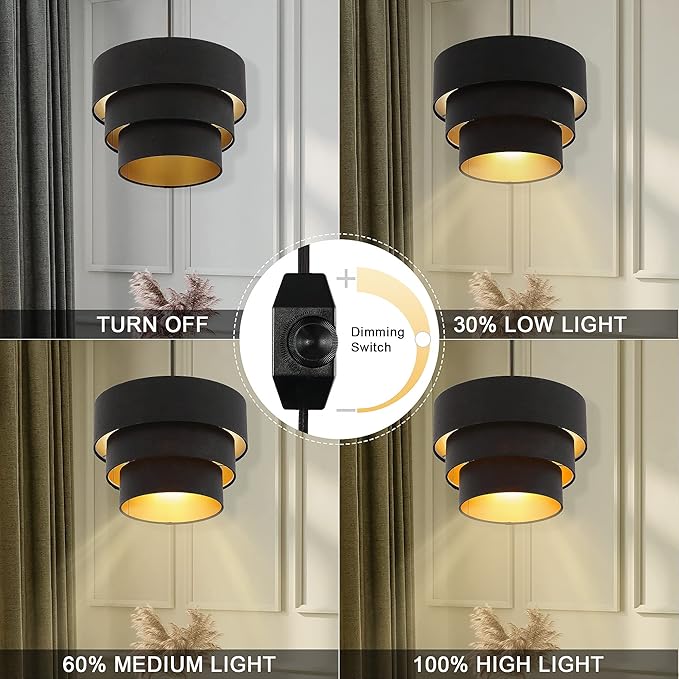 Plug in Pendant Light, Hanging Light Fabric Shade, Pendant Light Fixture for Bedroom, Kitchen, Living Room, Dining Table (Black)