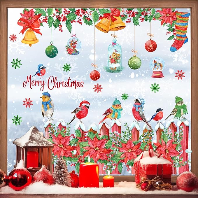 Christmas Window Clings Christmas Window Decoration Stickers Indoor Double Sided Winter Glass Decals Xams Wall Decor Sticker Hanging Flowers Bird Decal for New Year Party Living Room Holiday Supplies