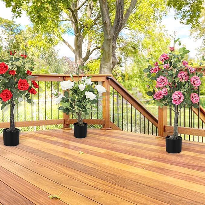 Romantic season 2Pack Artificial Rose Flower Trees, 42Inch Pink Faux Rose Tree with Green Leaves for Living Room Office Home Outdoor Indoor Decor
