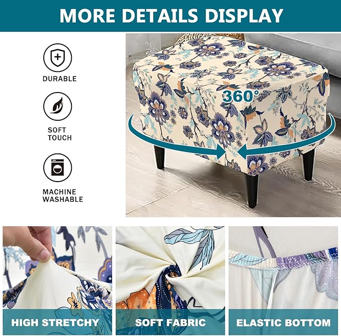 KRFOONN Stretch Ottoman Cover Slipcovers Rectangle Fit Length 27"-35" Footrest Stool Covers Printed Ottoman Cover for Foot Stool Furniture Protector with Non Slip Elastic Bottom, Color 26