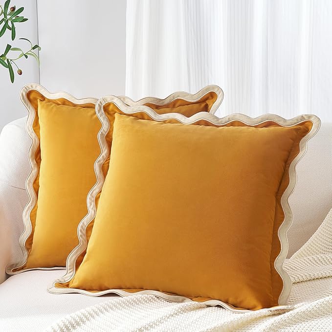 MONDAY MOOSE Decorative Throw Pillow Covers Cushion Cases, Set of 2 Soft Velvet Scalloped Wavy Edge Designs, Mix and Match for Home Decor, Pillow Inserts Not Included (20x20 inch, Cream/Honey)
