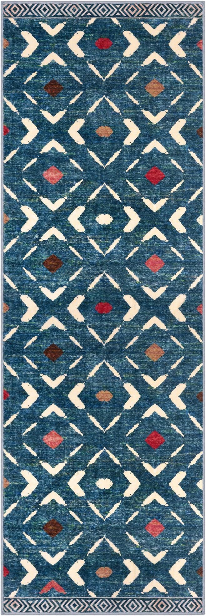 KILOCOCO Hallway Runner Rug 2.6'x8' Runners for Hallways Washable Runner Soft Non Slip Printed Geometric Low-Pile Rugs Runners for Bedroom Kitchen Living Room Boho Rugs, Teal/Blue