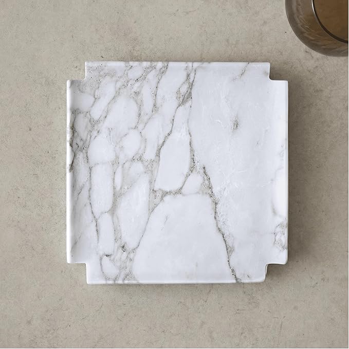 Astavostone White Marble Tray 8'' – Luxurious Square Decorative Tray for Fruit, Desserts, Candles, Key Jewelry & Perfume on Coffee Table, Island & Bathroom Vanity (Cal-White)