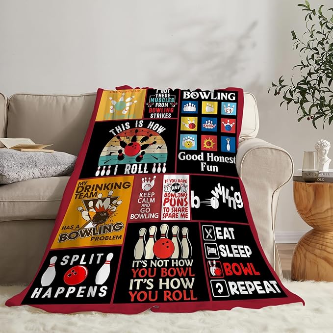 Bowling Blanket Sports Ball Throw Blankets Plush Cozy Flannel Fleece Ultra Soft Fuzzy Party Blanket Gifts for Girls Women Men Boys Kids Bed 80"X60"