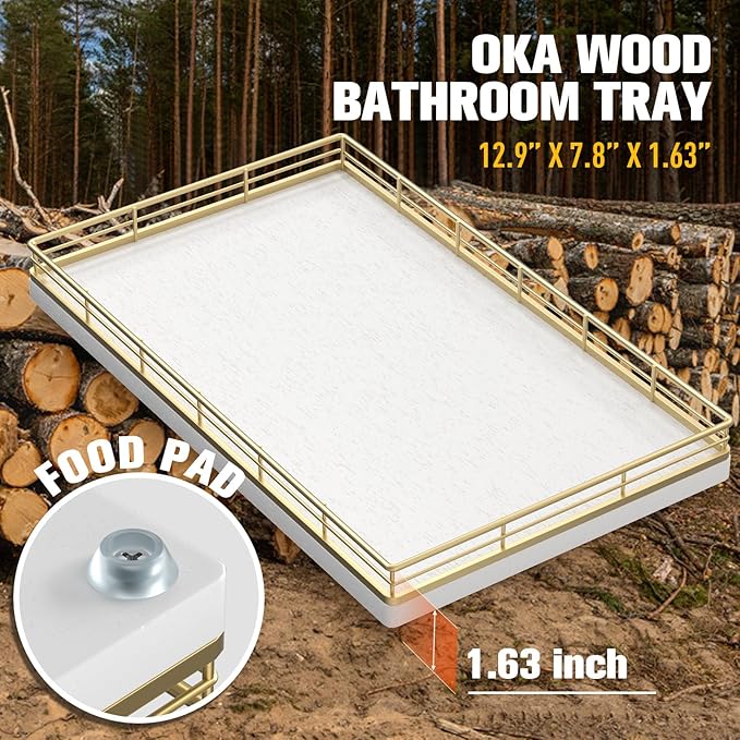 Large Bathroom Vanity Tray – 13" x 8" Oak Decorative Wooden Tray for Bathroom Countertop & Vanity Organizer, Wood Tray for Perfume, Skincare & Accessories Storage, Vanity Dresser Decor Gold & White