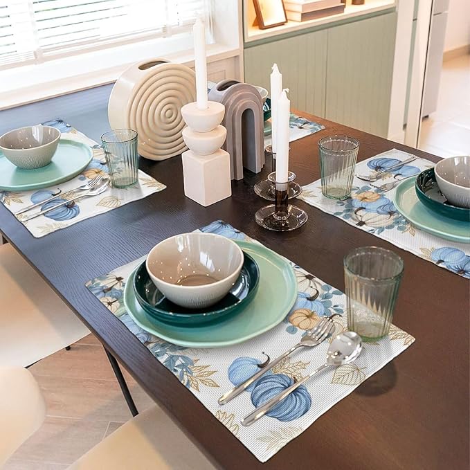 Fall Blue Pumpkin Placemats, Halloween Autumn Pumpkins Floral Golden Eucalyptus Leaves Harvest Plants Table Mats Placemat for Kitchen Dining Table, 4PCS