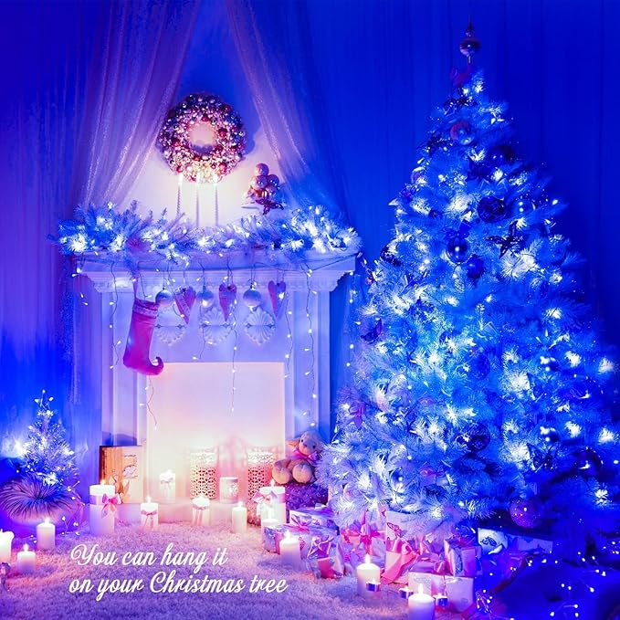JMEXSUSS 2 Pack 100 LED Blue Christmas Lights Indoor Outdoor, 33ft Connectable Christmas String Lights Plug in, 8 Modes Clear Wire Blue LED Lights for Xmas Tree Yard Bedroom Party Fireplace Decoration