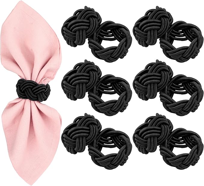 12 Pcs Woven Napkin Rings, Handmade Rustic Farmhouse Nautical Napkins Ring for Festives Gathering Banquet Wedding Birthday Table Decor Everyday Dining Decor (Black) - ALPHA Living HOME