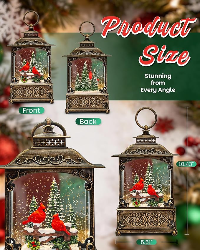 Christmas Cardinal Snow Globe Light up Lantern with 8 Songs, 10.43" Christmas Snow Globes for Kids Adults, 6H Timer & Dual Power, Snowglobes Christmas Decorations Indoor, Gifts for Women Men