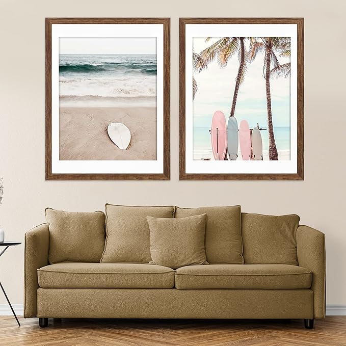 18x24 Frame Set of 2, Rustic Brown Wood Style - Display 18 x 24 Poster without Mat or 16x20 Picture with Mat, Wall Mounting Horizontal and Vertical