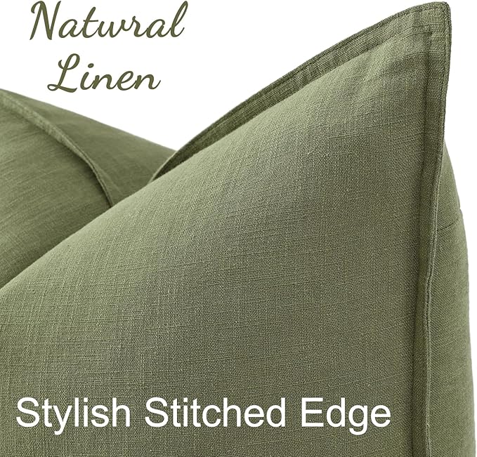 decorUhome Christmas Decorative Linen Throw Pillow Covers 20x20 Inch Set of 2 Olive Green Soft Pillow Covers with Flange Edges Soft Farmhouse Boho Accent Pillow Cases for Couch Sofa Bed Living Room