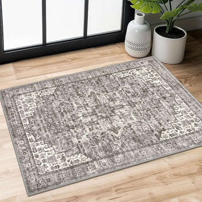 2x3 Washable Rugs for Entryway, Taupe Soft Traditional Printed Area Rug, Non-Slip Low-Pile Medallion Indoor Door Mat, Farmhouse Carpet for Entrance Kitchen Foyer Bedside