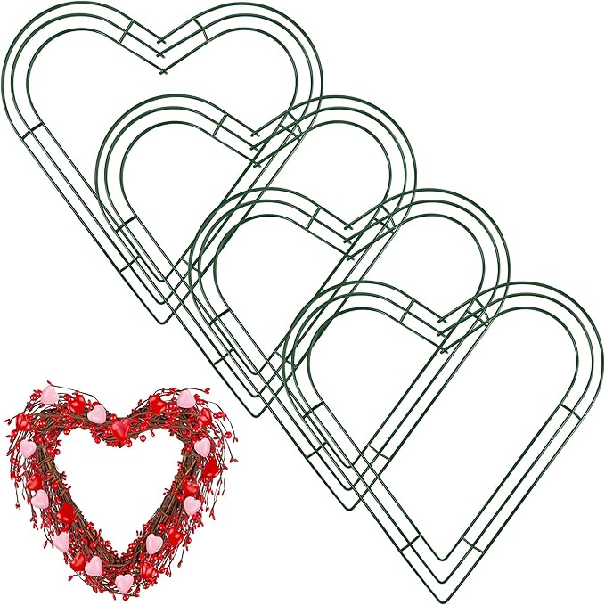 Aodaer 4 Pack 18 Inch Heart Wire Wreaths Frame Heart Metal Wreath Garland Green Wire Flower Wreath for Valentine's Day, Wedding Party, Home Ceremony Decoration