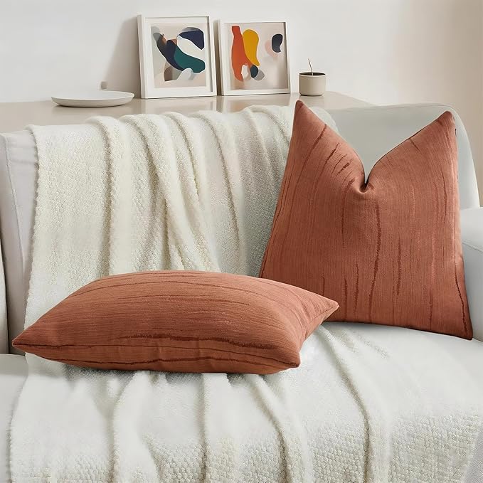 HAUSSY Rust Throw Pillow Covers 26x26 Inch Set of 2, Boho Embossed Striped Textured Decorative Pillowcases Soft Chenille Cushion Cases, Modern Home Decor for Couch Bed Living Room