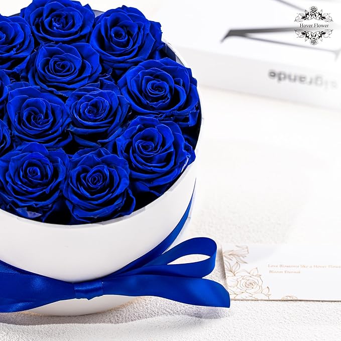 Preserved Roses in a Box, Blooming Real Roses Decor, Eternal Flowers for Delivery Prime, Best Gifts Birthday, Wedding, Anniversary, Mother's Day for Her, 12-Pieces (Blue)