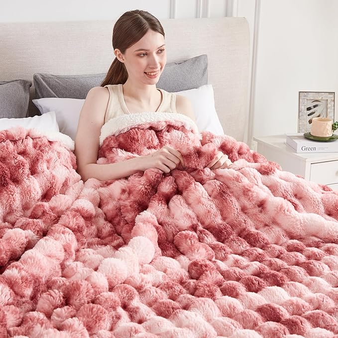 60x80 Inches Ultra-Soft Fuzzy Faux Fur Plush Twin Size Blanket - Thick, Warm Sherpa for Couch, Sofa, Bedroom, Camping - Decorative Blanket for Cozy Warmth, Bubble Dusty Rose Tie Dye