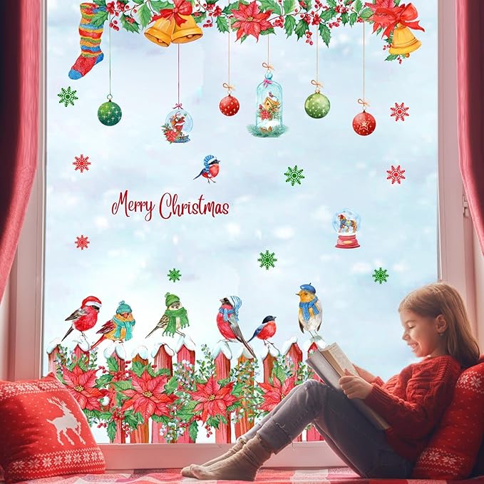 Christmas Window Clings Christmas Window Decoration Stickers Indoor Double Sided Winter Glass Decals Xams Wall Decor Sticker Hanging Flowers Bird Decal for New Year Party Living Room Holiday Supplies